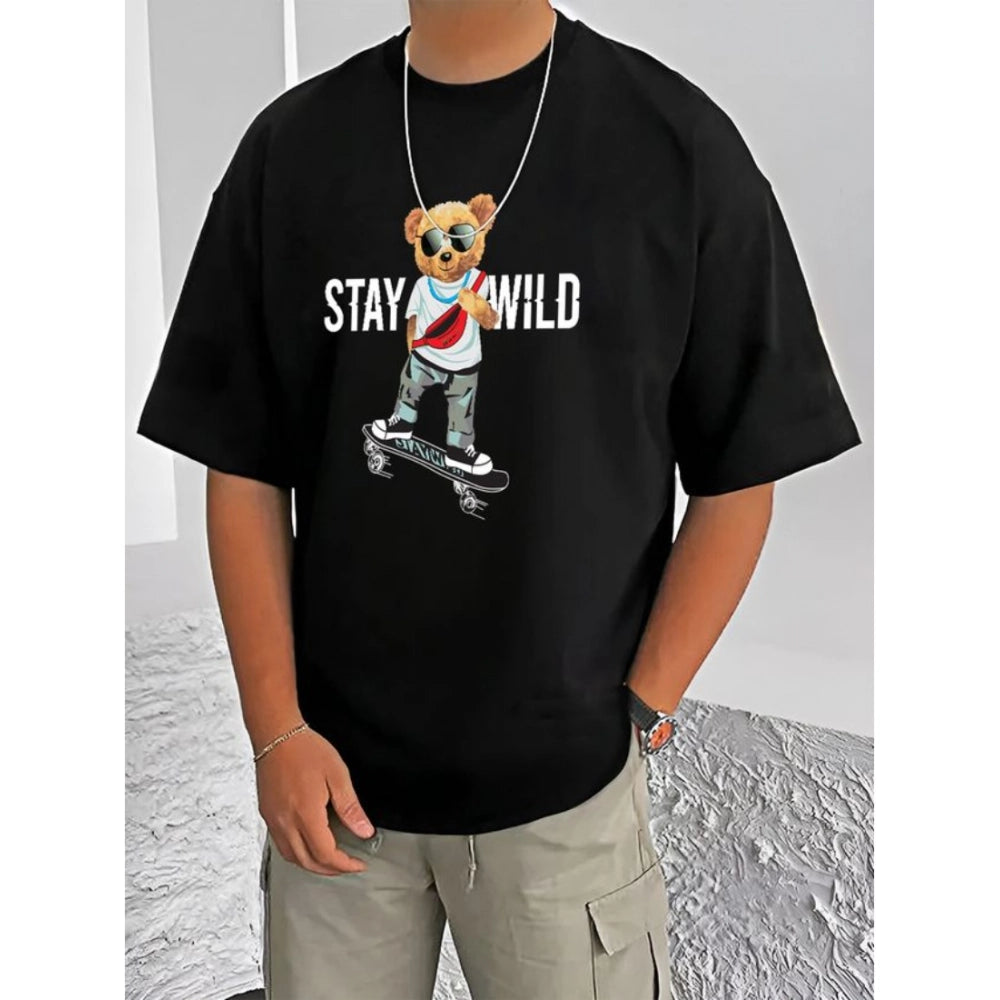 Black cotton blend men's casual printed round neck half sleeve t-shirt with vibrant design