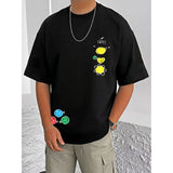 Black cotton blend men's casual t-shirt with printed design, round neck and half sleeves