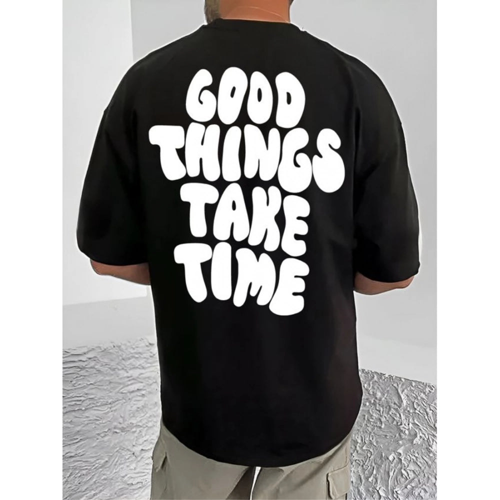Black cotton blend men's casual printed round neck half sleeve t-shirt, vibrant design on clothing for fashionable look