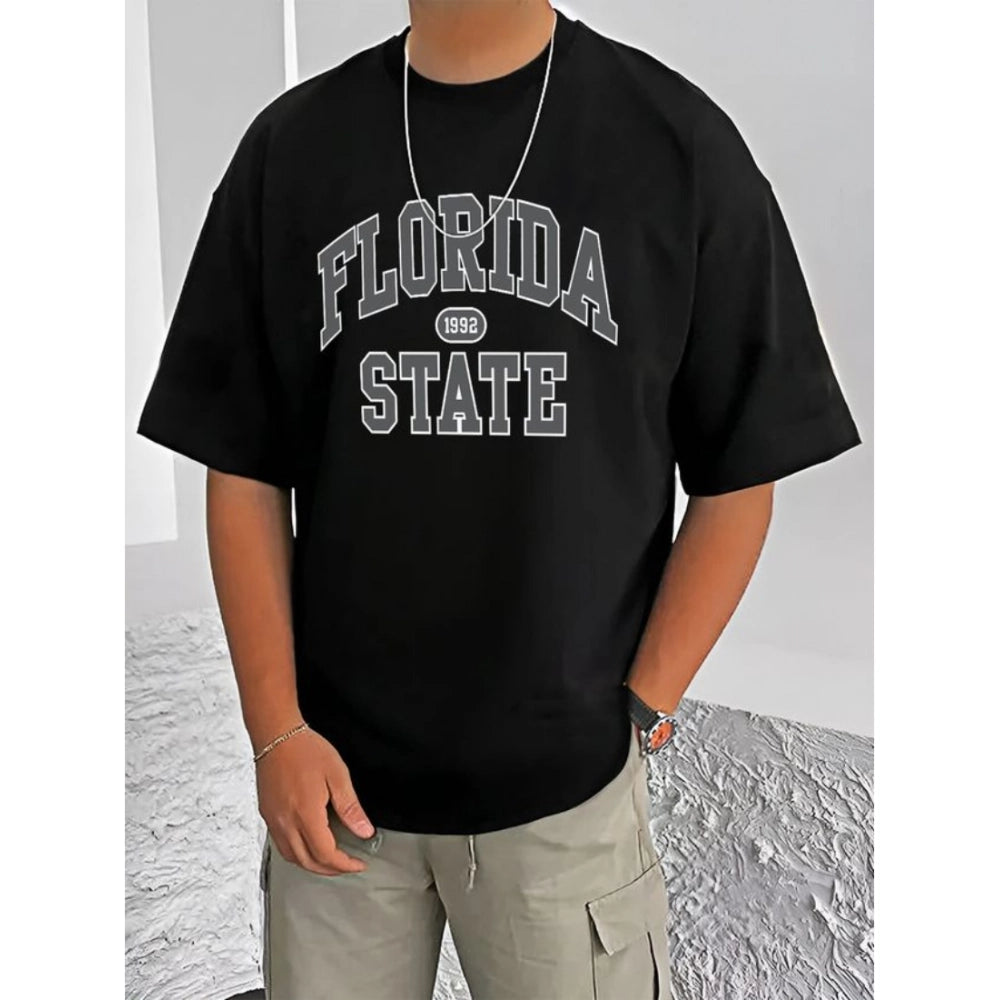 Black cotton blend men's casual printed round neck half sleeve t-shirt