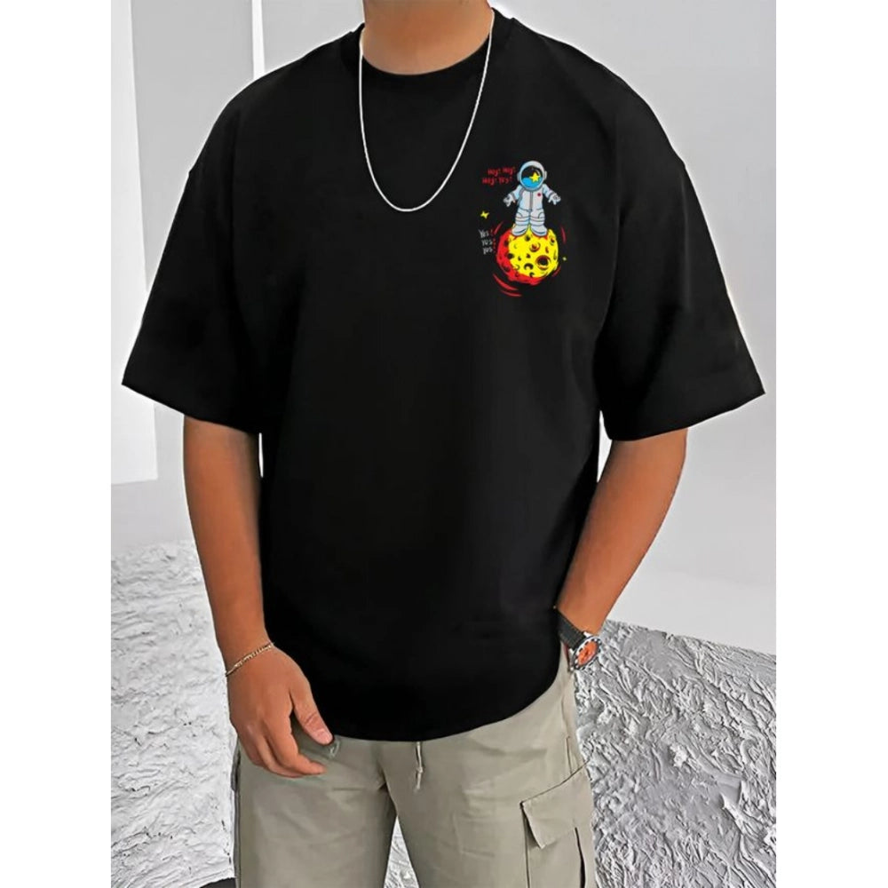 Black cotton blend men's casual printed round neck half sleeve t-shirt, vibrant design on display