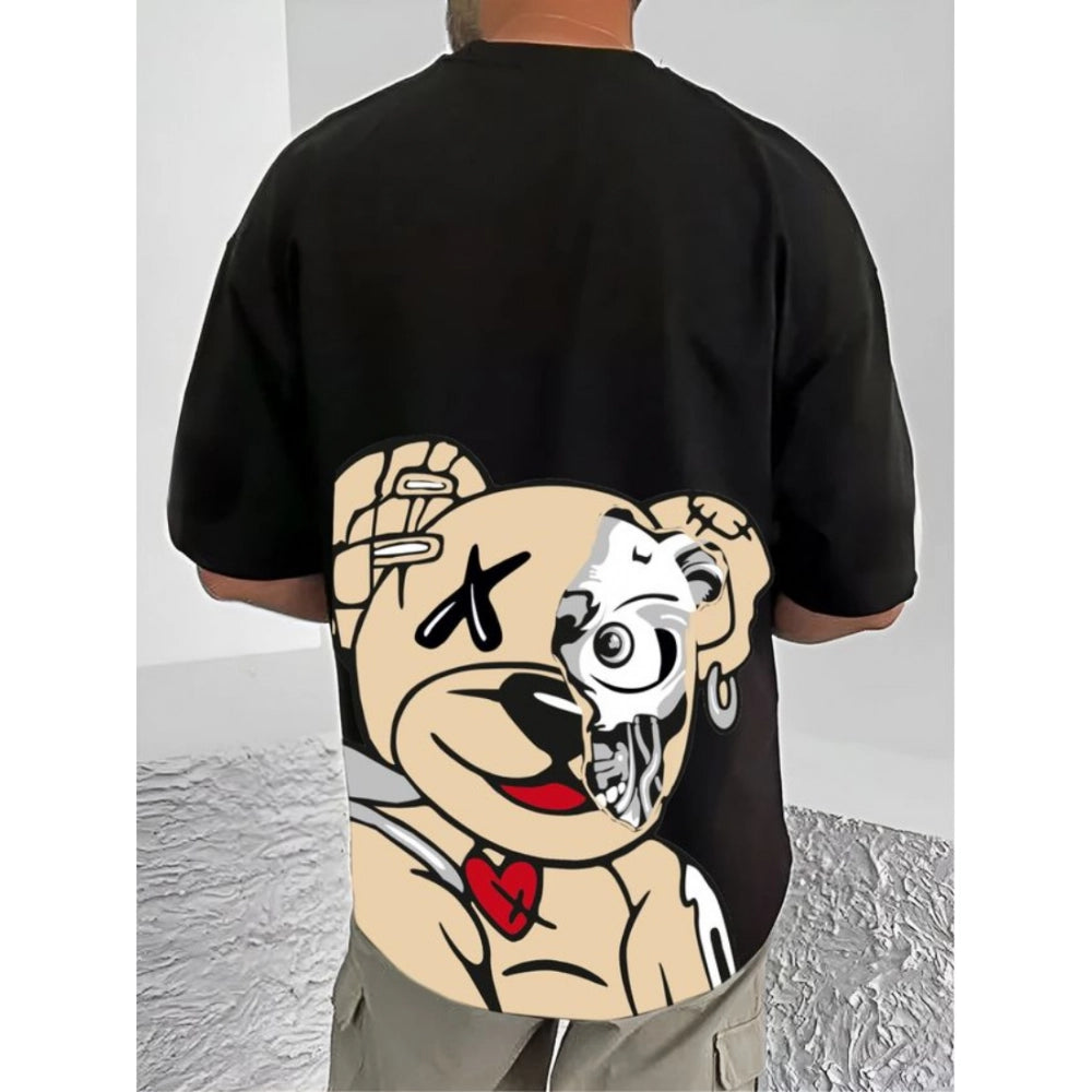 Black cotton blend men's casual printed round neck half sleeve t-shirt with graphic design