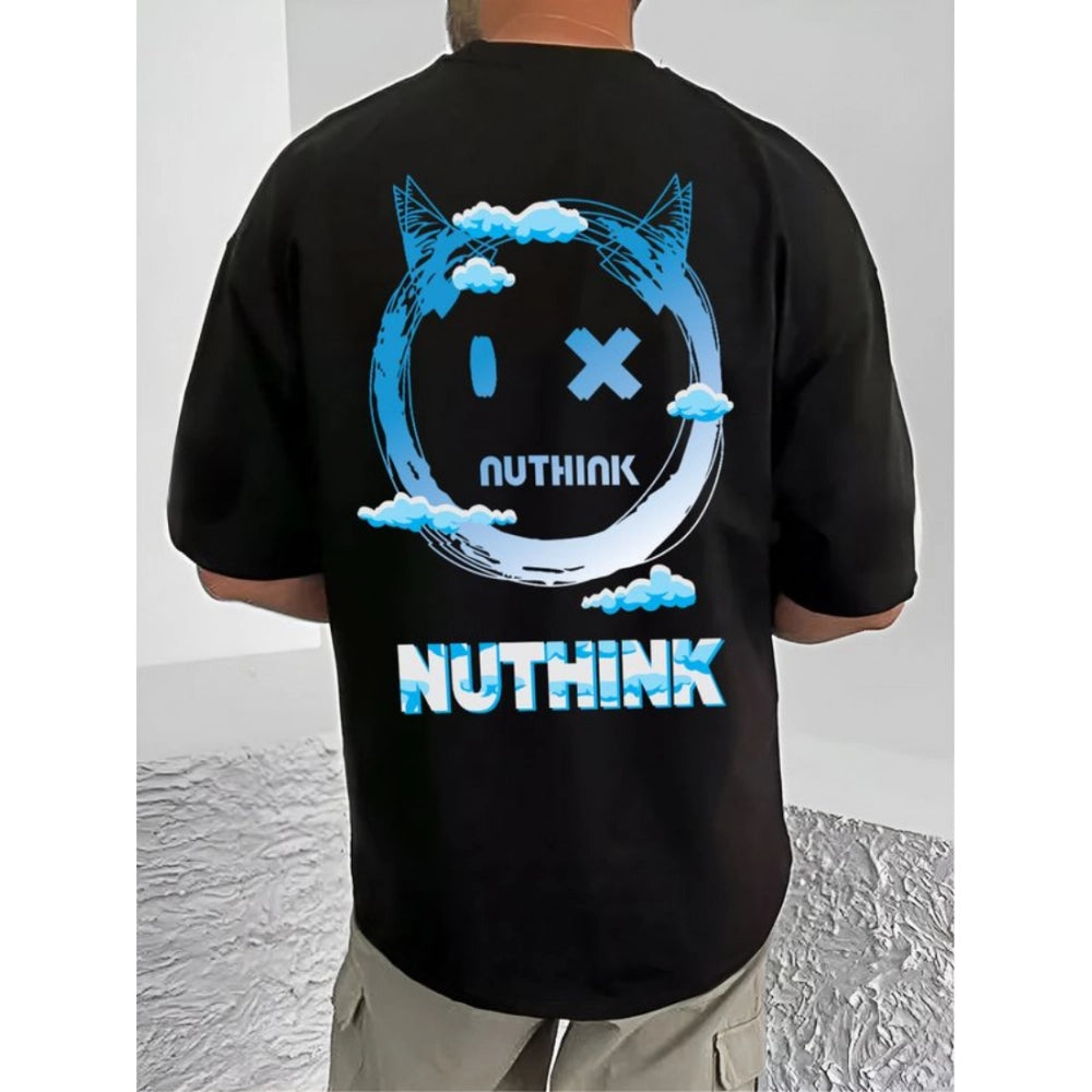 Black cotton blend men's t-shirt with printed design, round neck, half sleeves