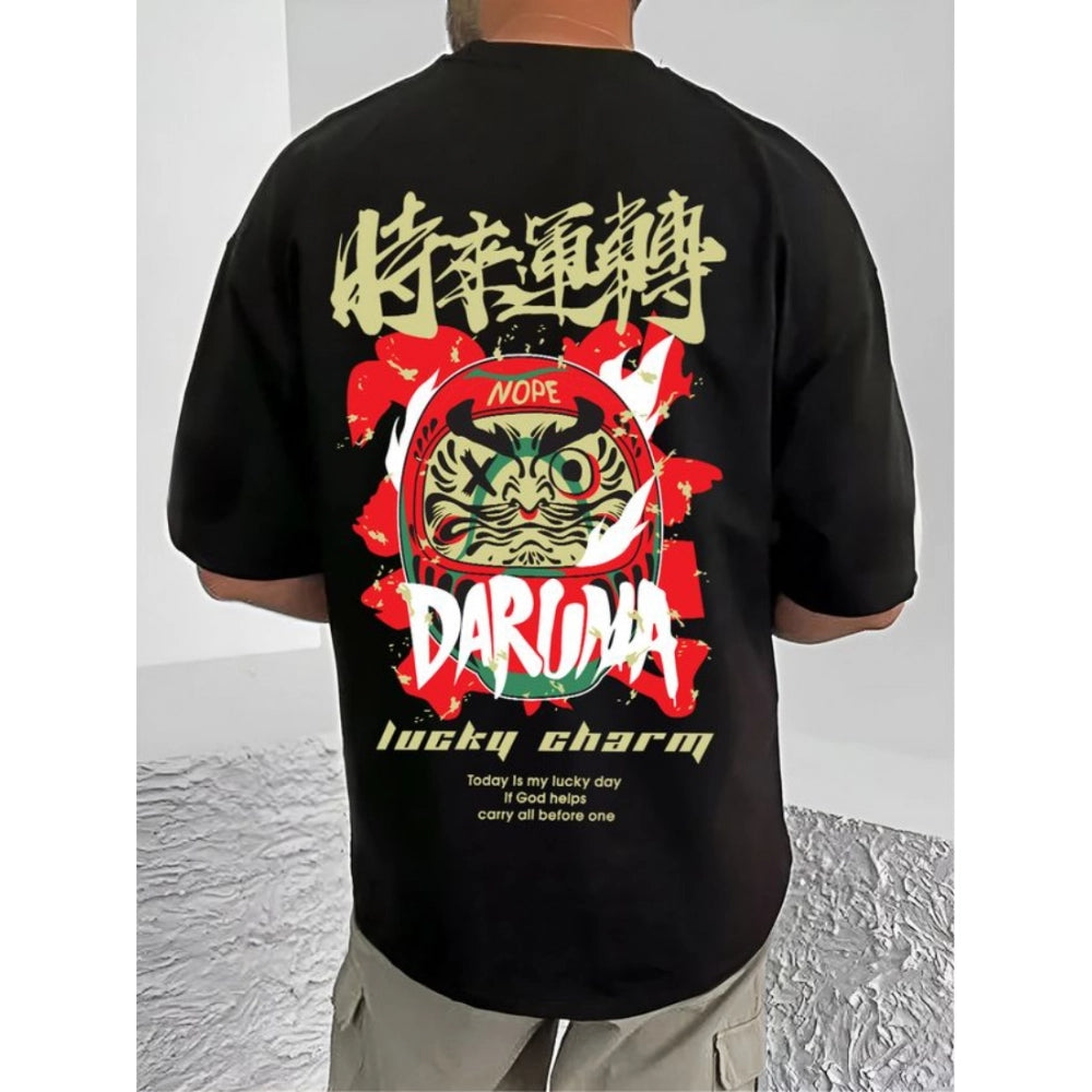 Black cotton blend men's printed round neck half sleeve t-shirt for casual wear