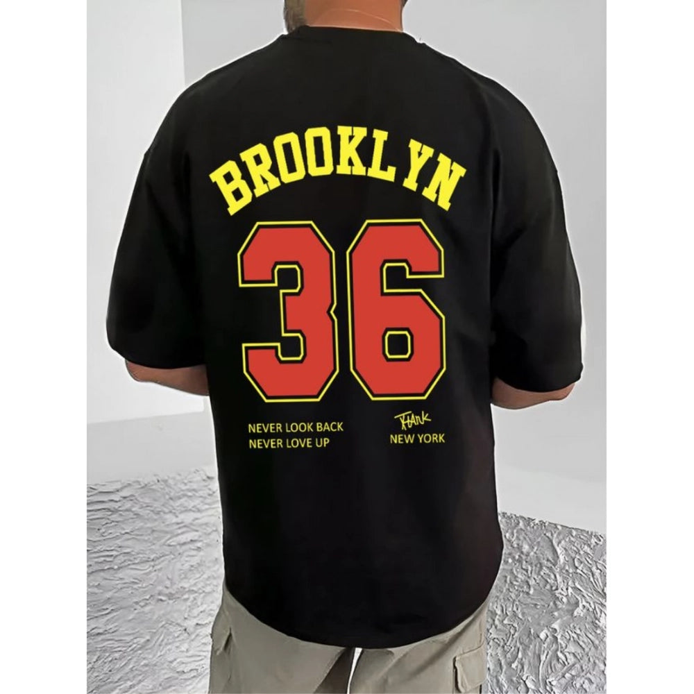 Black cotton blend men's t-shirt with printed design, casual half-sleeve round neck