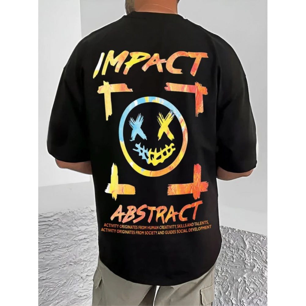 Black cotton blend men's casual printed round neck half sleeve t-shirt with vibrant graphics