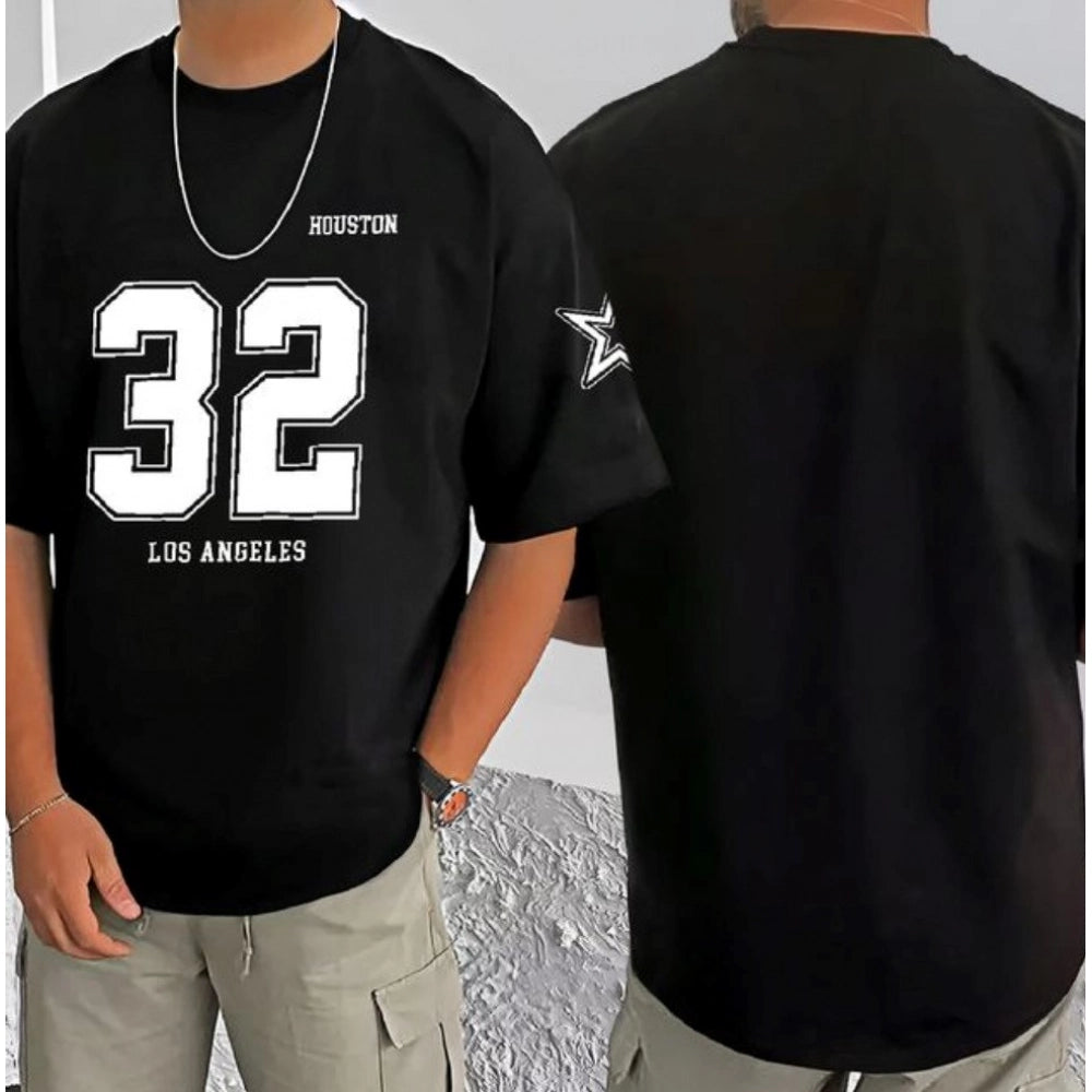 Black cotton blend men's casual t-shirt with printed round neck & half sleeves