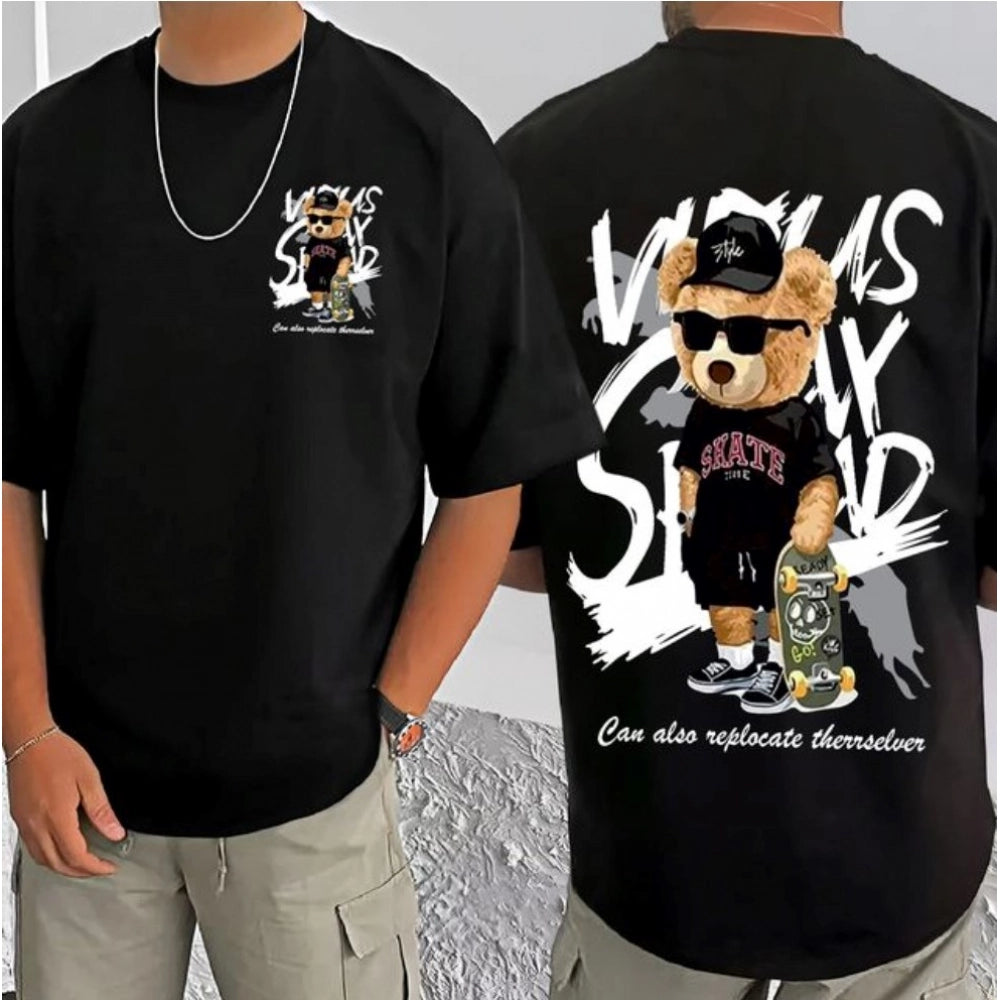 Black cotton blend men's t-shirt with printed round neck, half sleeve - casual wear