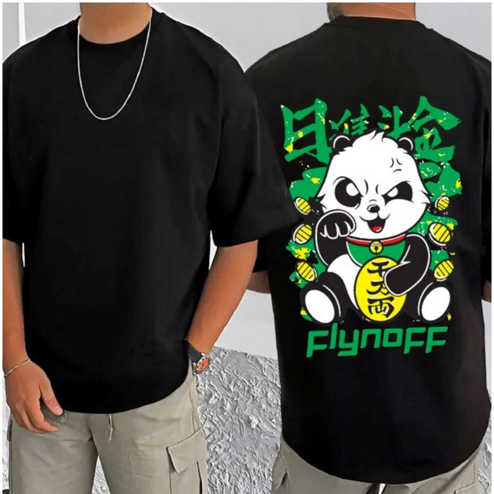 Black cotton blend men's casual t-shirt with printed design, half sleeve style