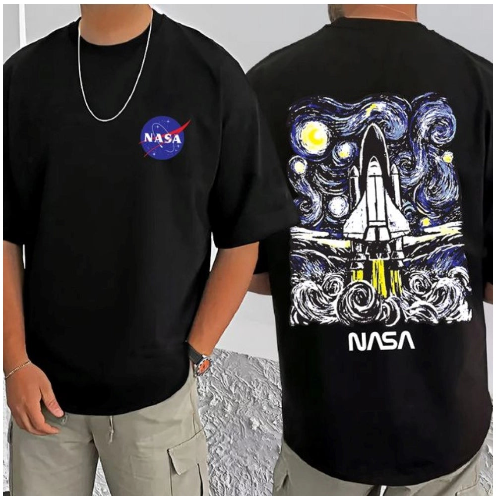 Black cotton blend men's casual printed round neck half sleeve t-shirt (patterned)