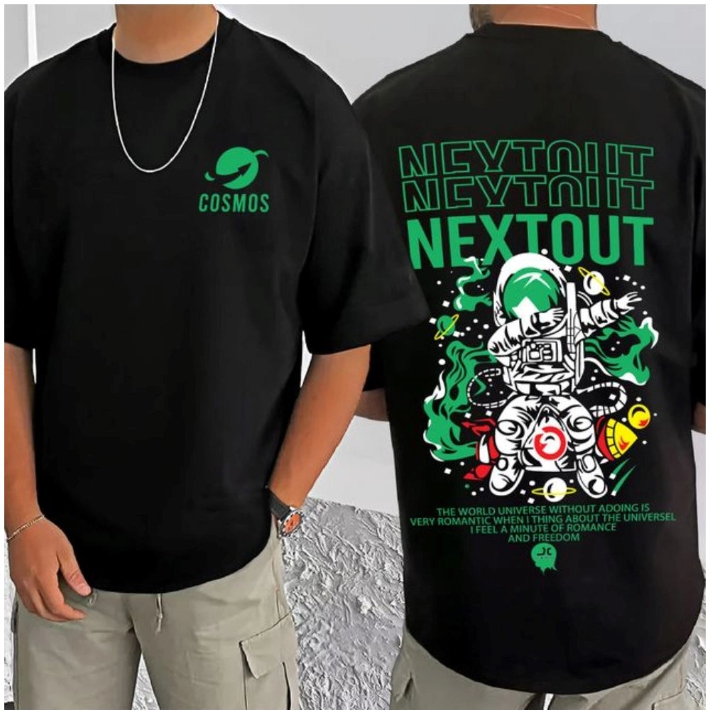 Black cotton blend men's casual printed round neck half sleeve t-shirt with vibrant design detail