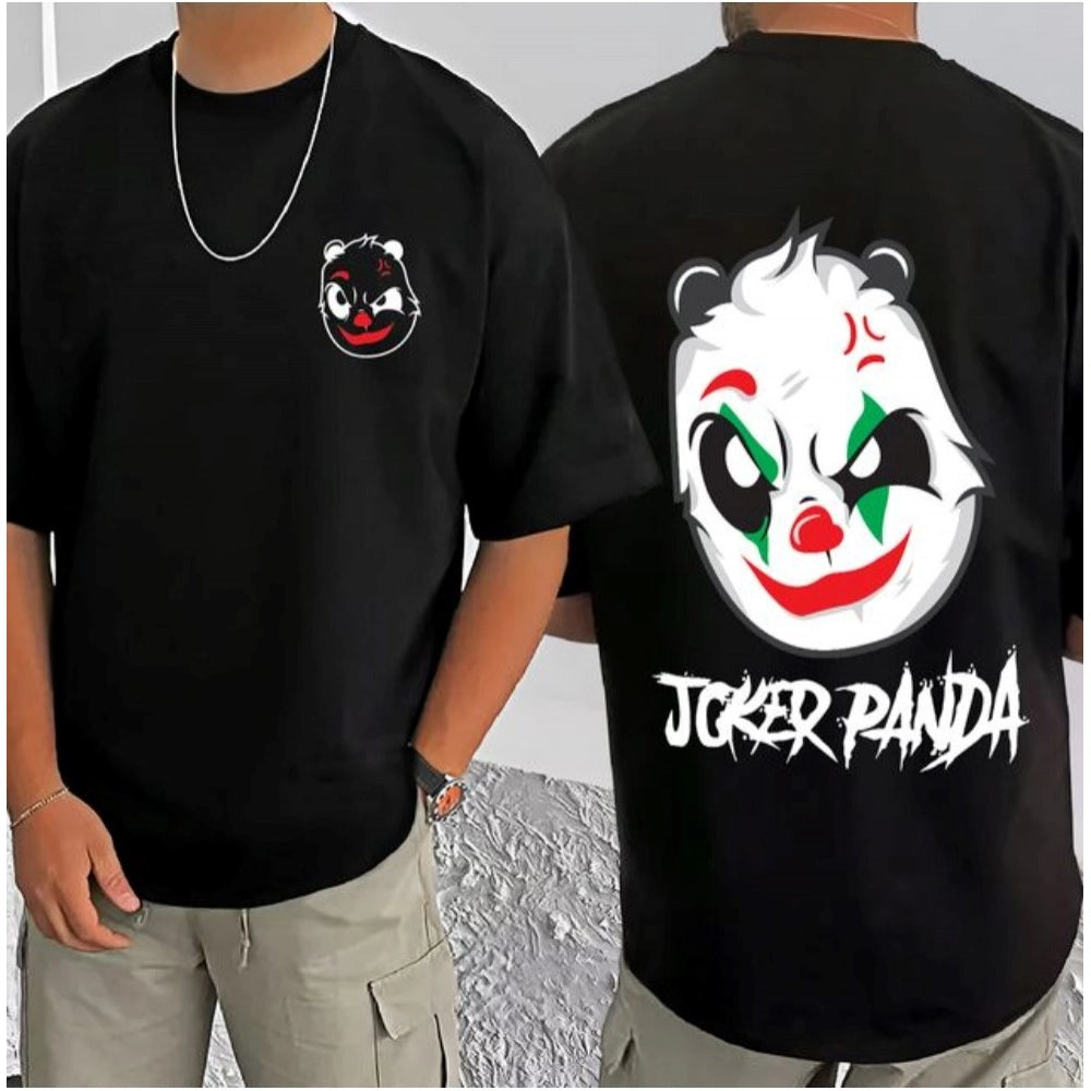 Black cotton blend men's casual t-shirt with printed design, half sleeve style