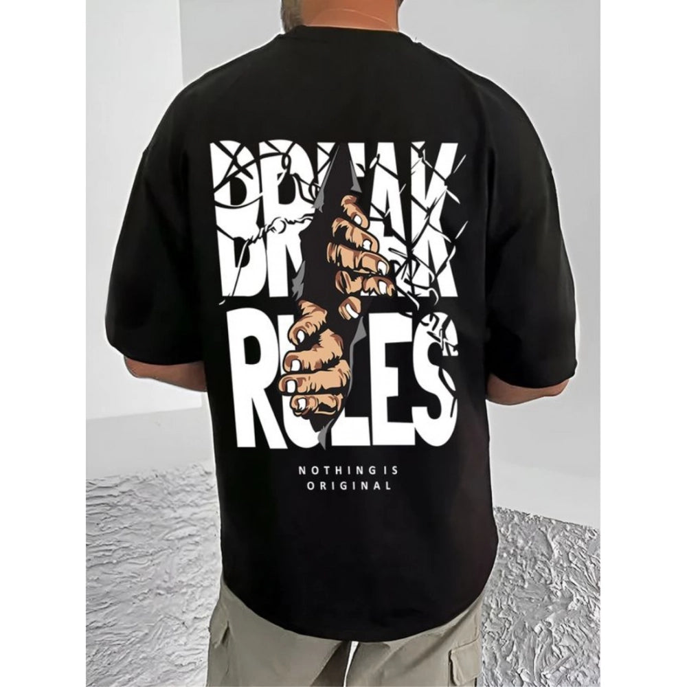 Black cotton blend men's t-shirt with printed round neck and half sleeves