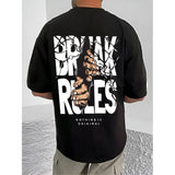 Black cotton blend men's printed round neck t-shirt with casual half sleeves