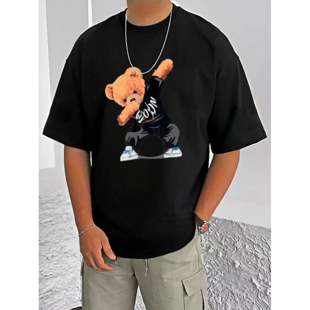 Black cotton blend men's casual t-shirt with printed design, round neck, half sleeves