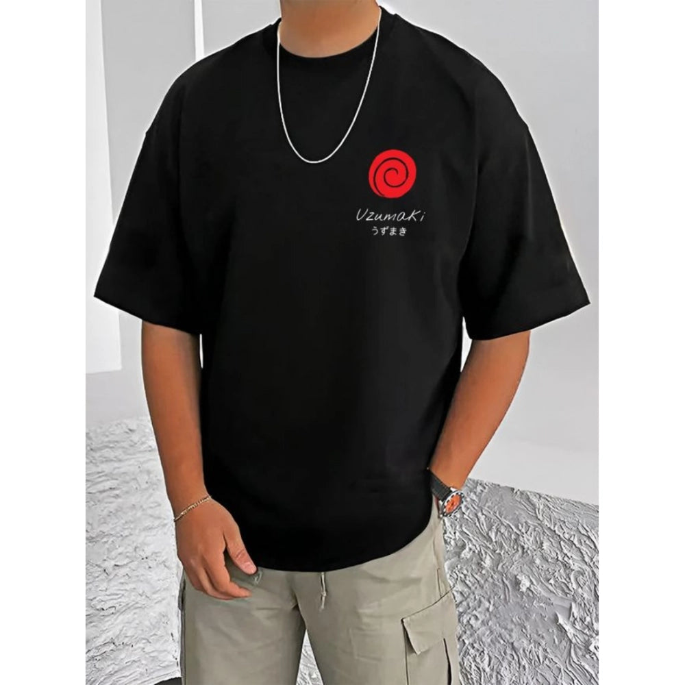 Black cotton blend men's casual t-shirt with printed design, round neck and half sleeves