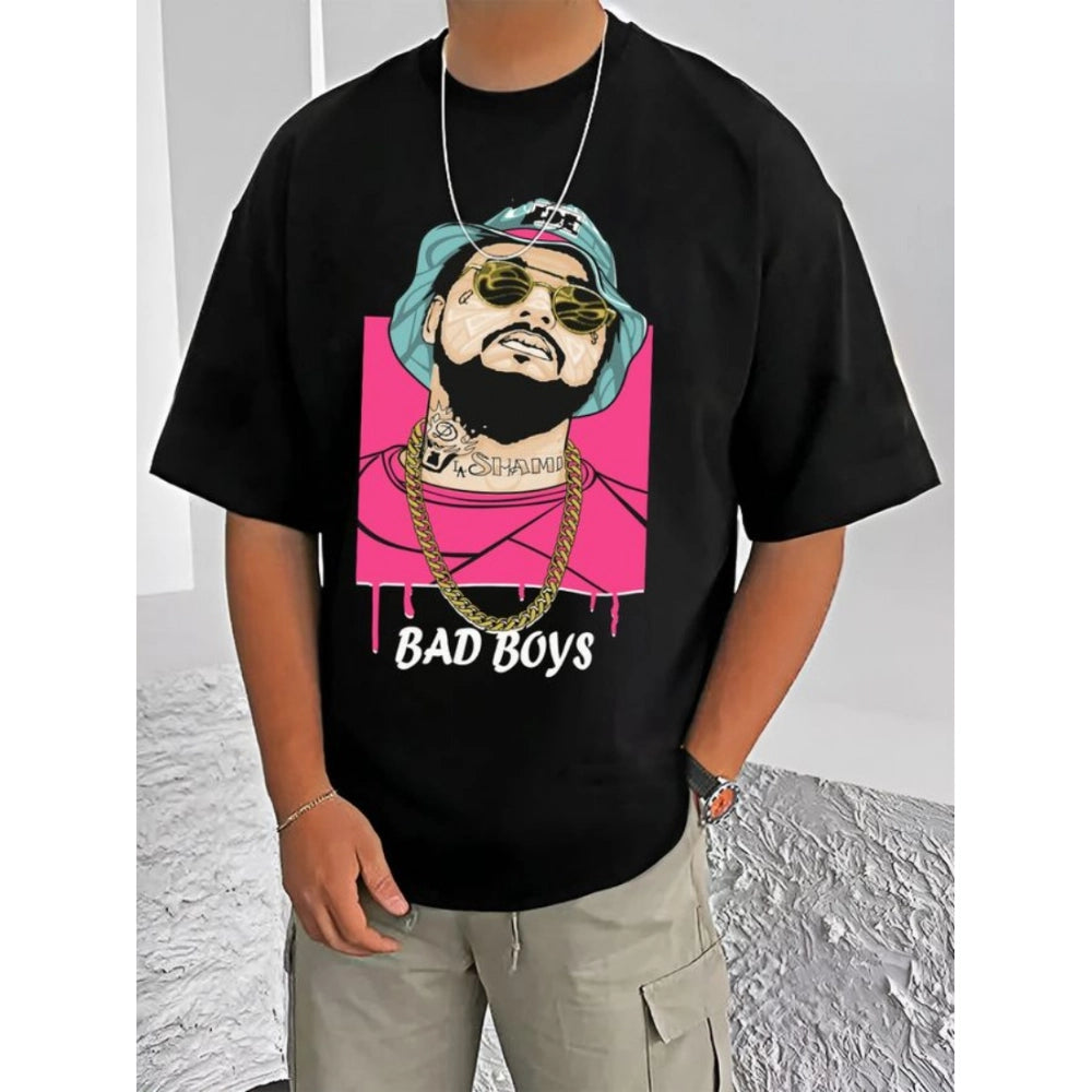 Black cotton blend men's t-shirt with printed design, round neck and half sleeves
