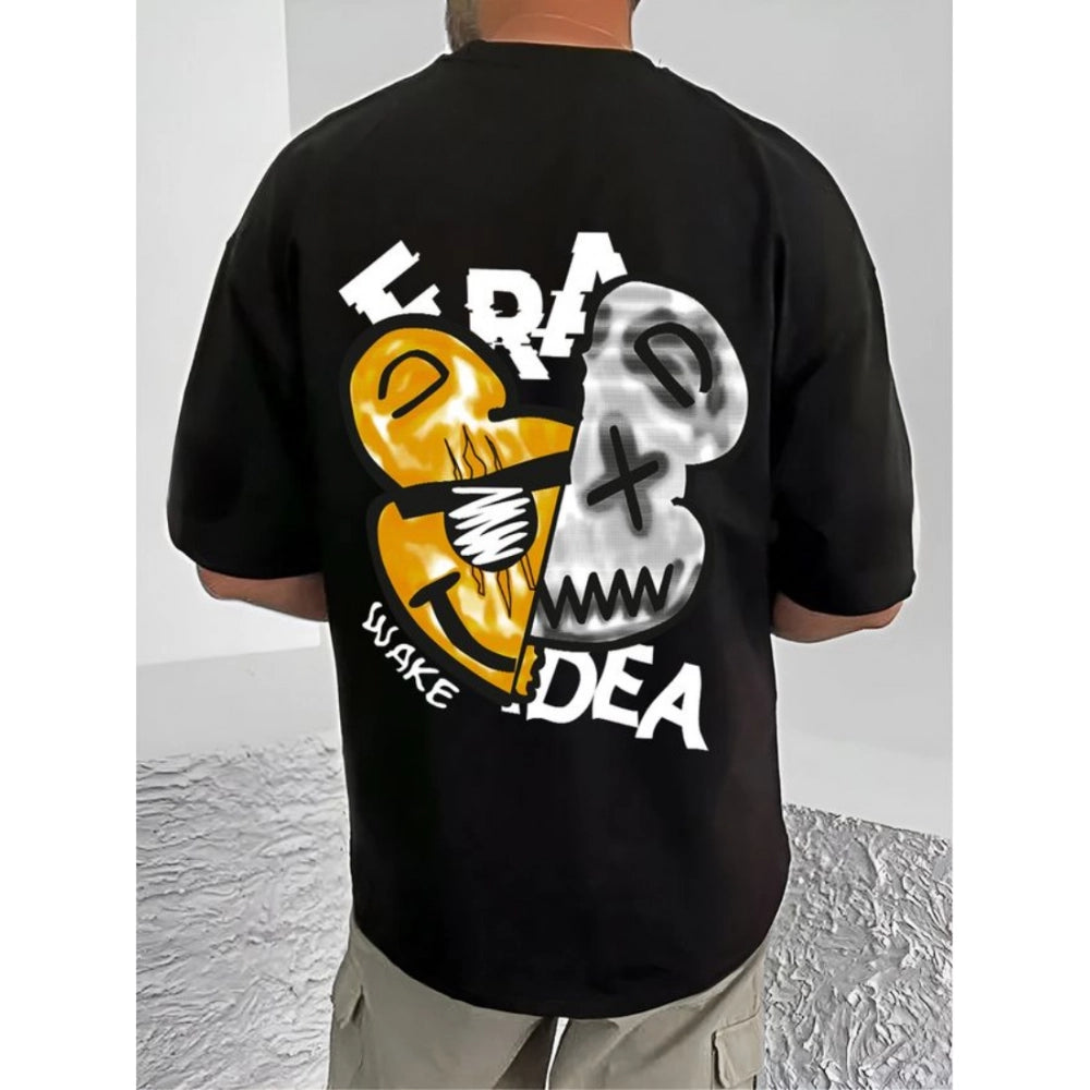 Black cotton blend men's casual printed round neck half sleeve t-shirt, vibrant pattern design on apparel