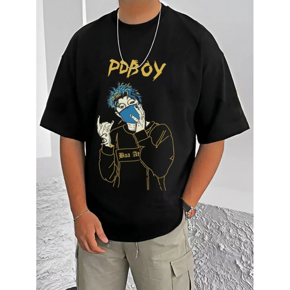 Black cotton blend men's t-shirt with printed design, round neck, half sleeves - casual wear for men