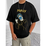 Black cotton blend men's casual printed round neck half sleeve t-shirt