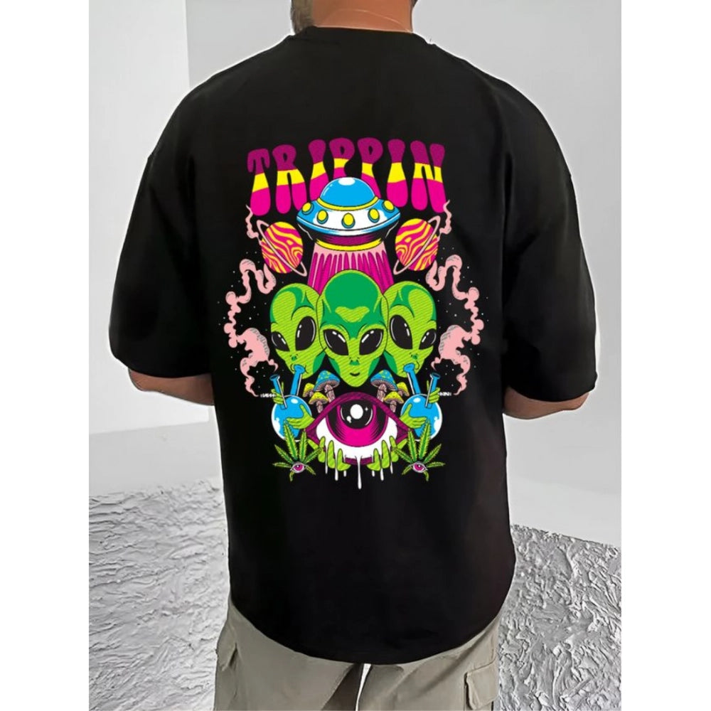 Black cotton blend men's casual printed round neck half sleeve t-shirt with vibrant design detail