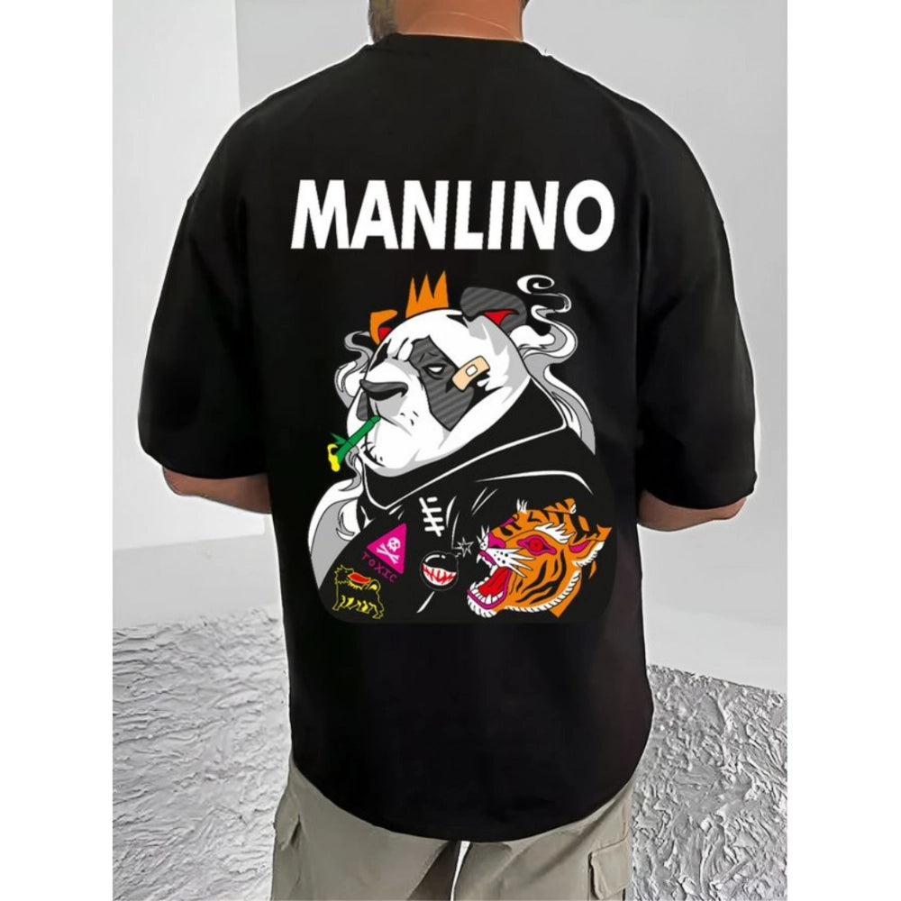 Black cotton blend men's casual printed round neck half sleeve t-shirt