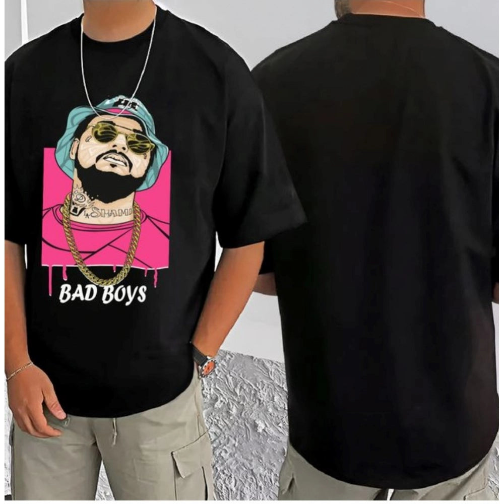 Black cotton blend men's t-shirt with printed design (half sleeve, round neck)