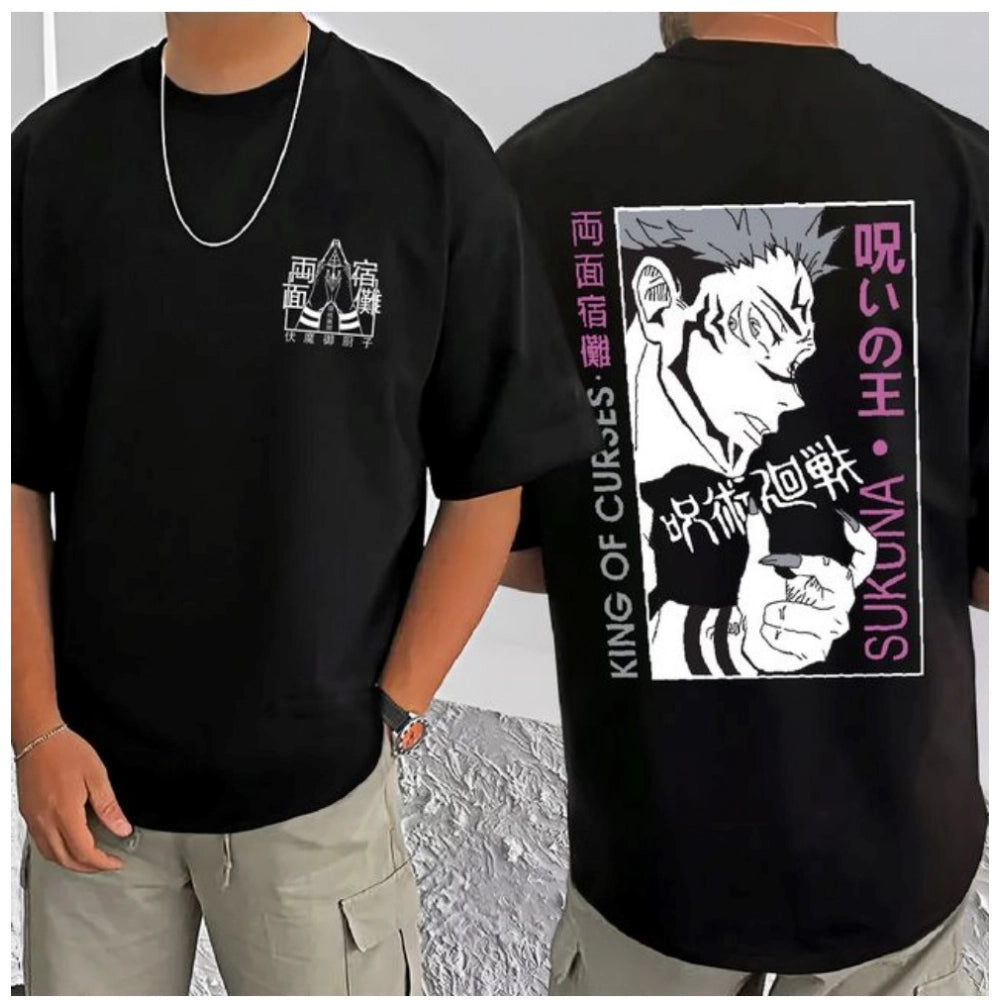 Black cotton blend men's casual t-shirt with printed design, half sleeve style