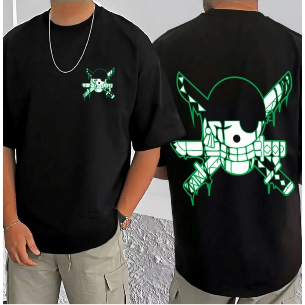 Black cotton blend men's casual t-shirt with printed round neck and half sleeves