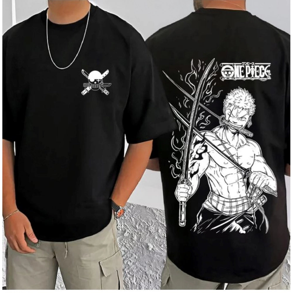 Black cotton blend men's casual printed round neck half sleeve t-shirt with vibrant design