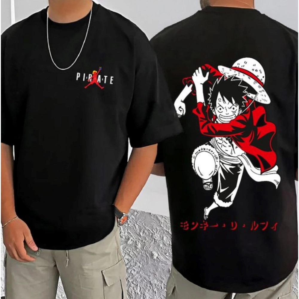 Black cotton blend men's casual t-shirt with printed design, half sleeve and round neck