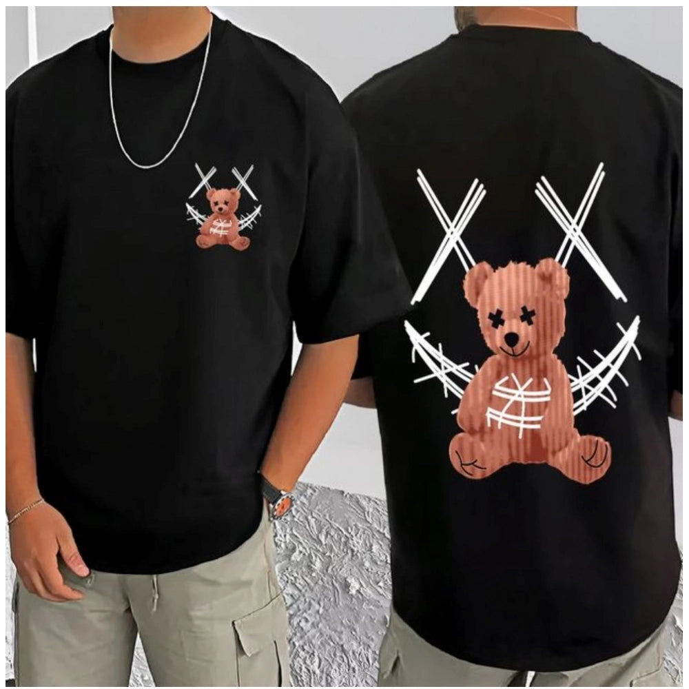 Black cotton blend men's casual t-shirt with printed design, round neck, half sleeve