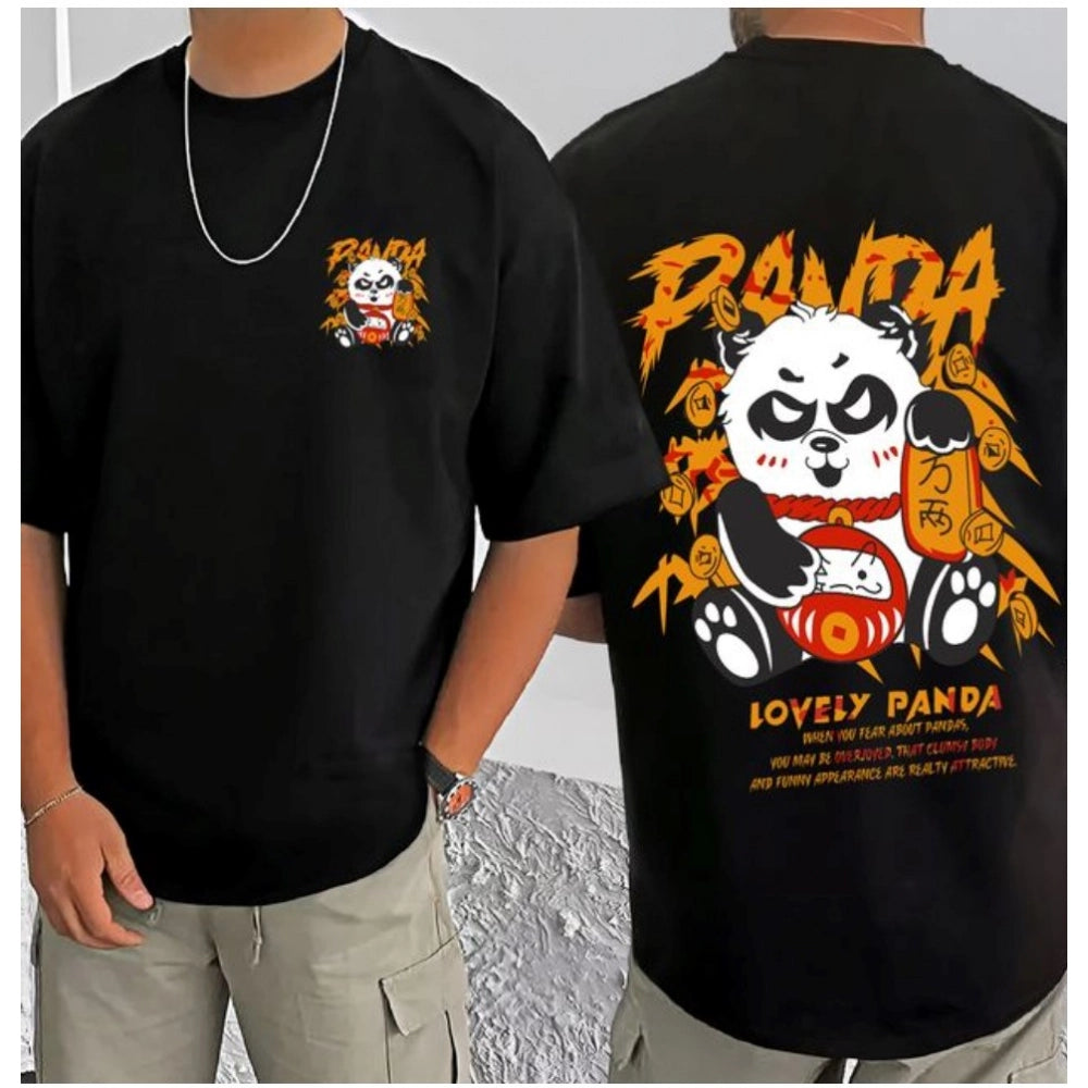 Black cotton blend men's t-shirt with printed design, round neck, half sleeves