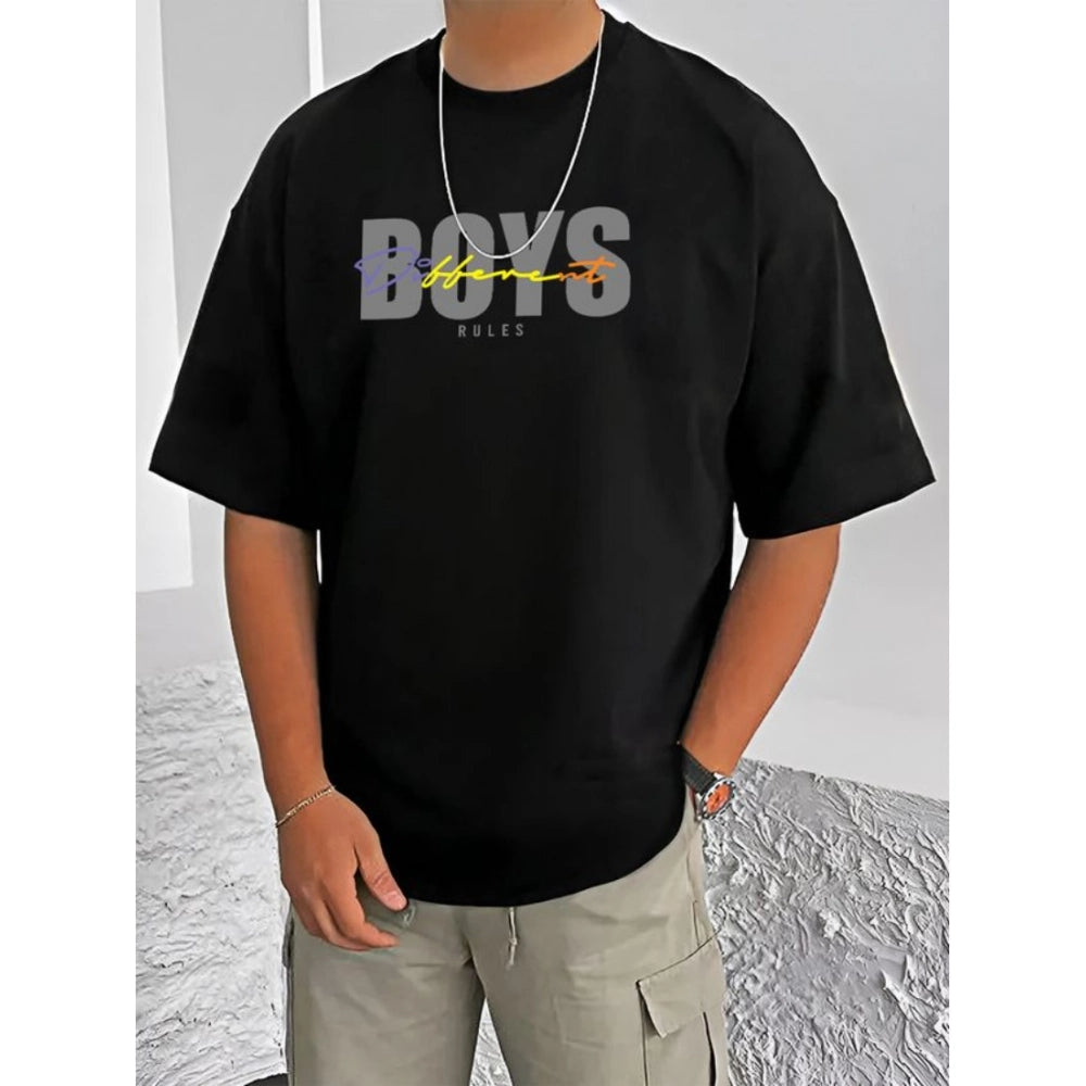Black cotton blend men's casual printed round neck half sleeve t-shirt with vibrant imagery