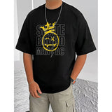 Black cotton blend men's casual printed round neck half sleeve t-shirt