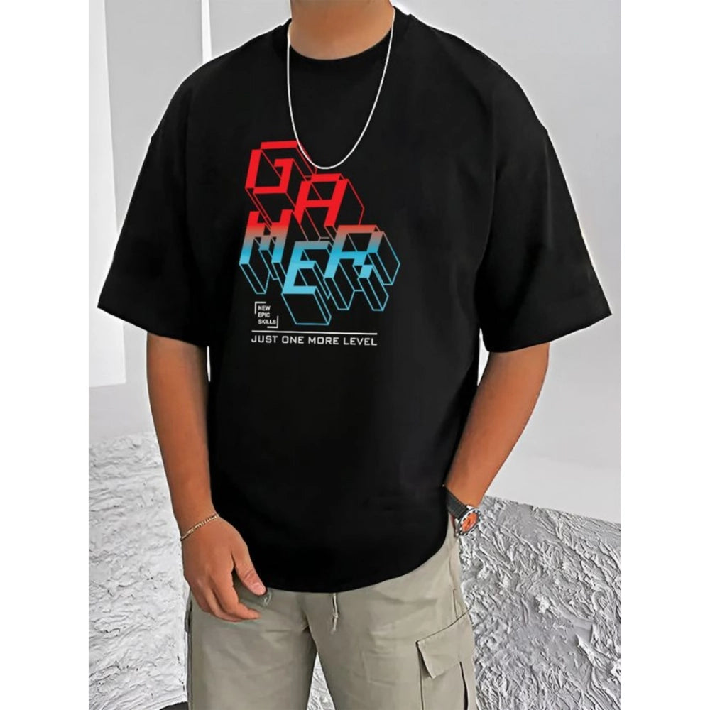 Black cotton blend men's t-shirt with printed design (half sleeve, round neck)