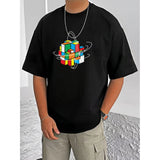 Black cotton blend men's casual t-shirt with printed design, half sleeve and round neck