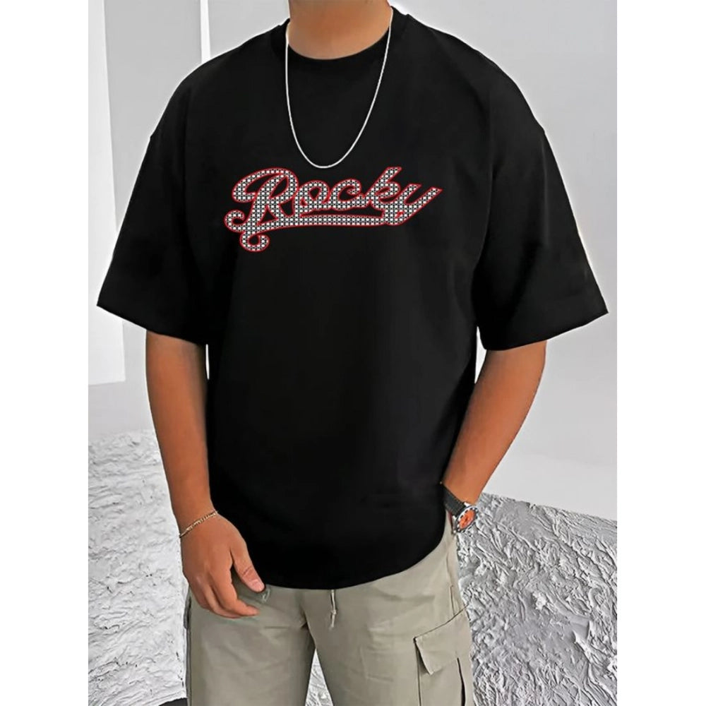 Black cotton blend men's casual printed round neck half sleeve t-shirt