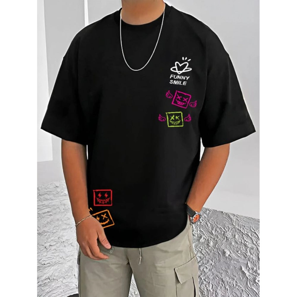 Black cotton blend men's t-shirt with printed design, half sleeve and round neck