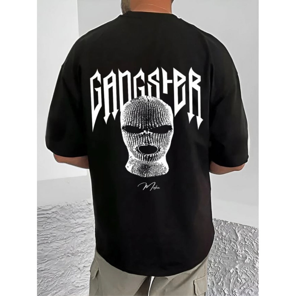 Black cotton blend men's casual t-shirt with printed design, half sleeve and round neck
