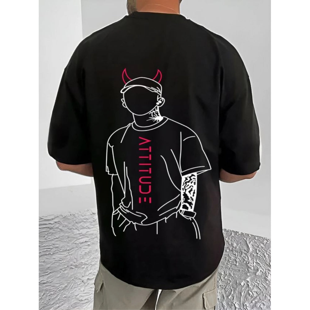 Men's Casual Cotton Blend Printed Round Neck Half Sleeve T-Shirt (Black)