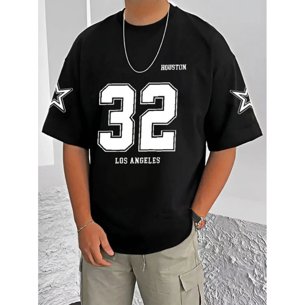 Black cotton blend men's t-shirt with printed design, half sleeve & round neck