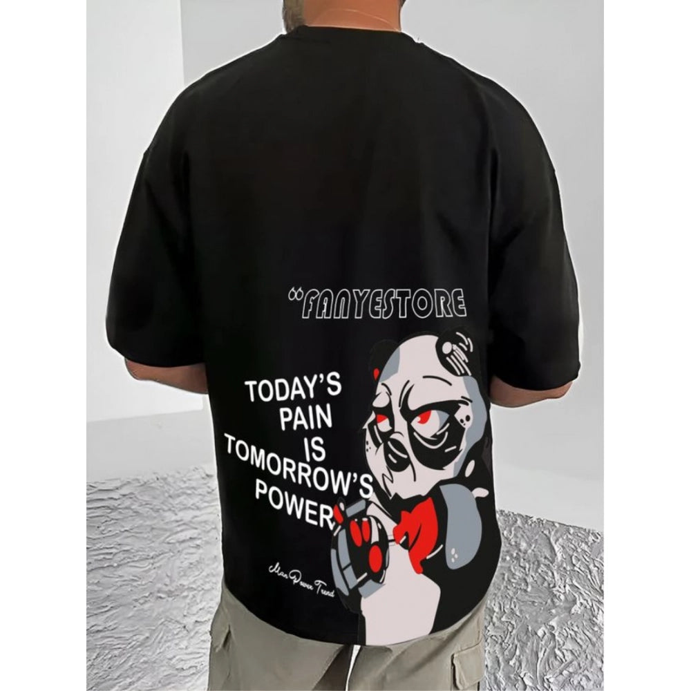 Men's Casual Cotton Blend Printed Round Neck Half Sleeve T-Shirt (Black)