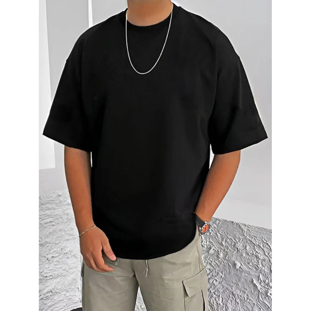 Men's Casual Cotton Blend Printed Round Neck Half Sleeve T-Shirt (Black)