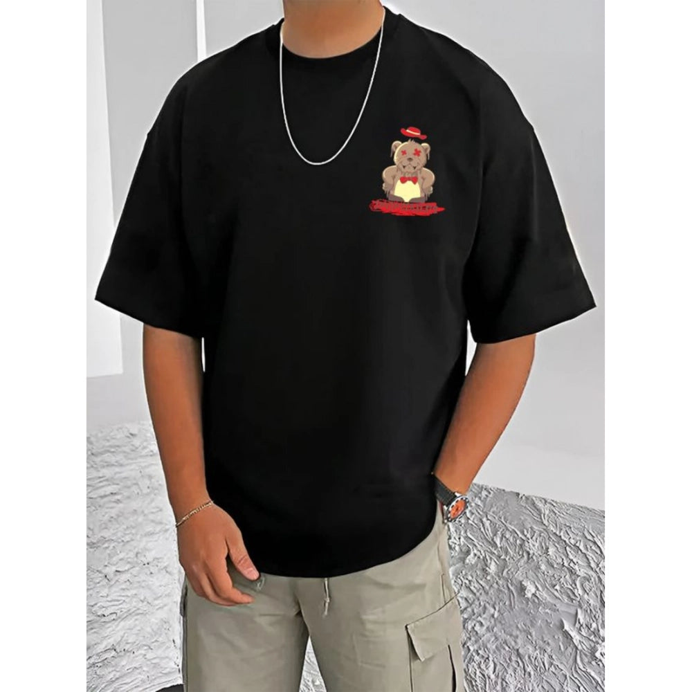 Black cotton blend men's casual printed round neck half sleeve t-shirt
