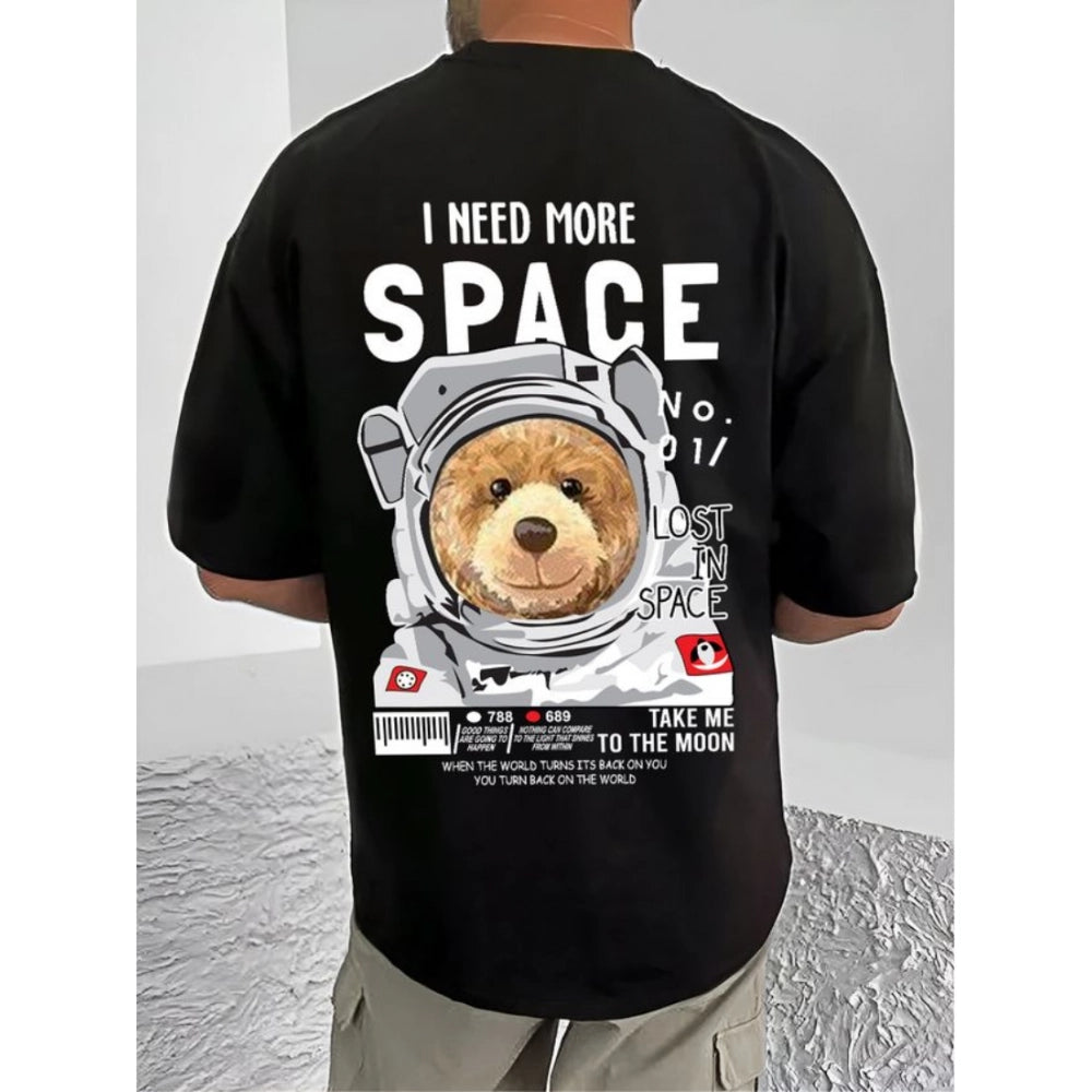 Black cotton blend men's casual tee with printed design, half-sleeve round neck
