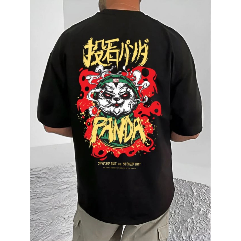 Black cotton blend men's casual printed round neck half sleeve t-shirt