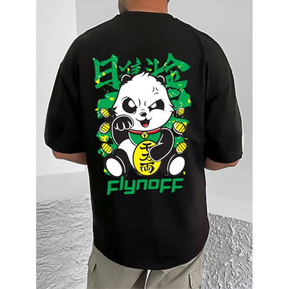 Black cotton blend men's t-shirt with printed round neck and half sleeves