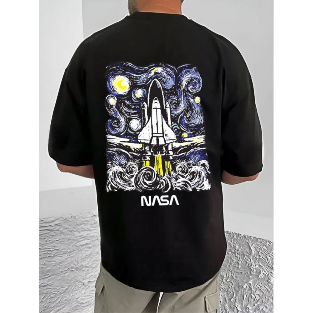 Black cotton blend men's casual printed round neck half sleeve t-shirt with vibrant graphics