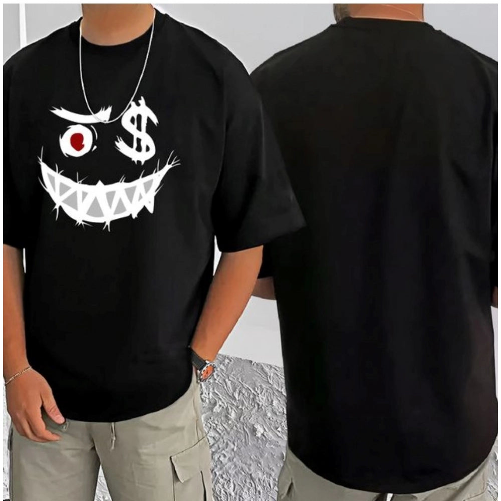Black cotton blend men's t-shirt with printed design, half sleeve and round neck